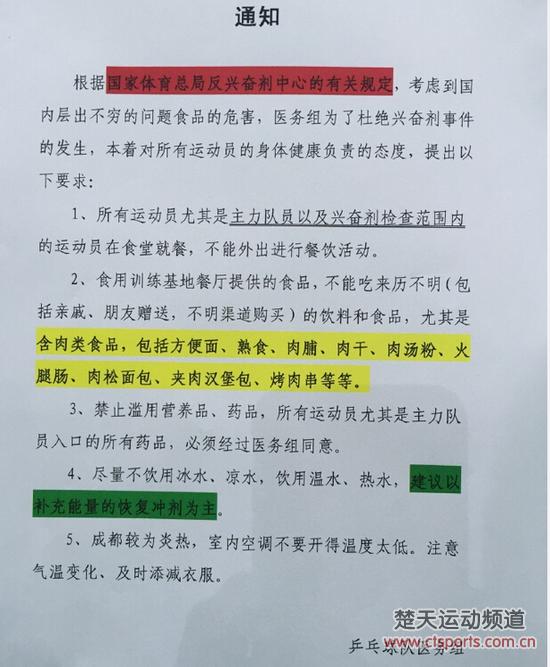 中国乒乓球队集训只能吃食堂 外食冰水上禁用名单